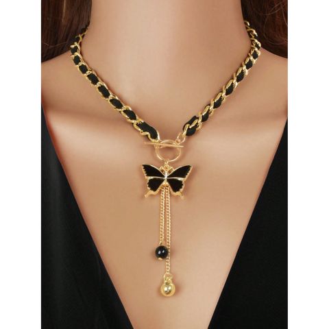 Stylish Butterfly Charm and Ball Pendant Long Tassel Necklace