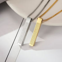 A close-up of the 3D Bar Ayatul Kursi Silver Necklace featuring intricate engraving of the Ayatul Kursi verse on a sleek silver bar pendant with an elegant chain.

