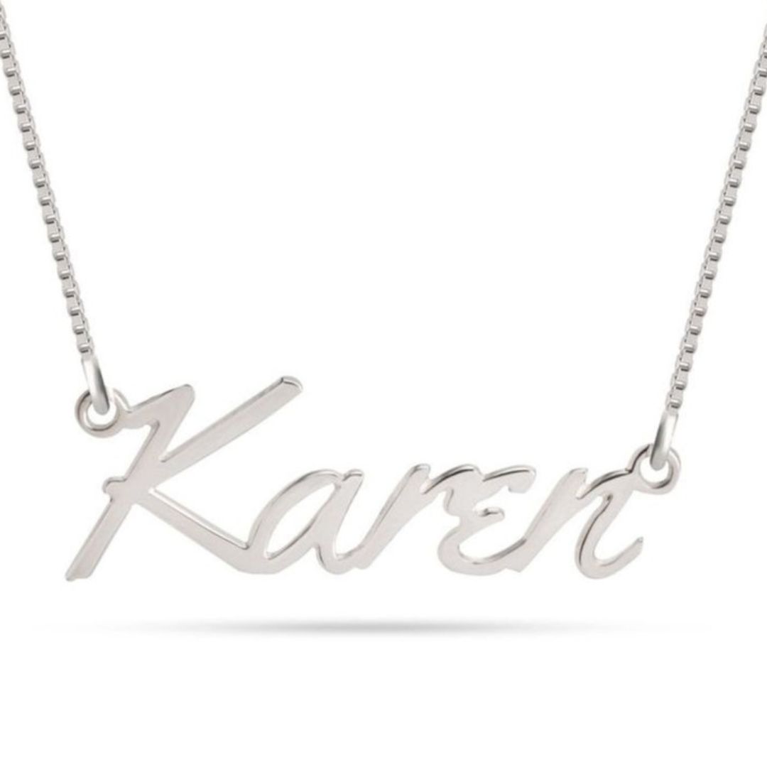 Tokyo script nameplate necklace in 18k rose gold-plated sterling silver, showcasing the unique artistic font of the pendant.