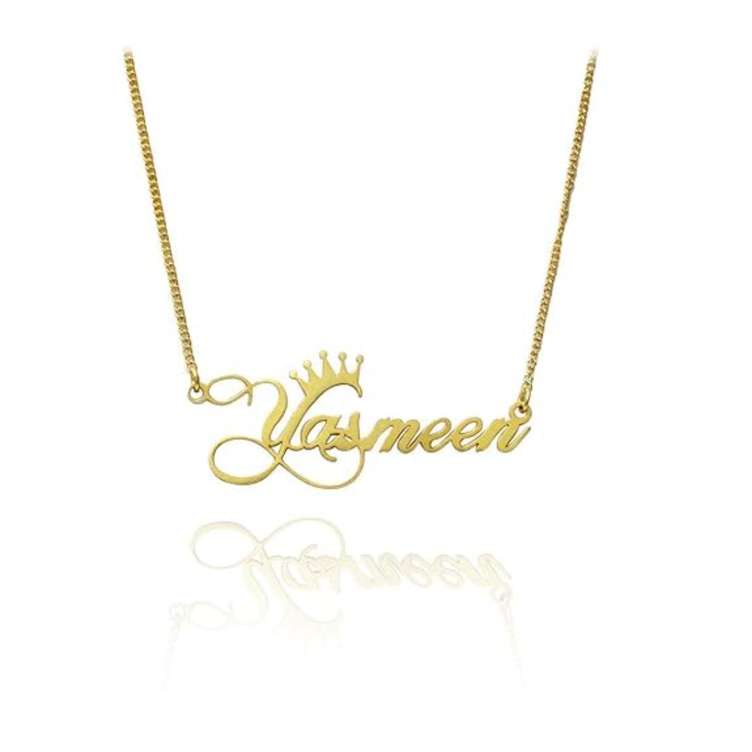 Regal Crown Name Necklace with the name 'Isabella' in 18k gold-plated sterling silver, showing the delicate crown on the first letter.