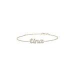 Dainty 'Madison' name bracelet in 18k gold-plated sterling silver, fully 'iced out' with sparkling crystals, on a woman's wrist.