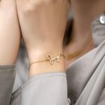 Radiant Diamond-Cut Bangle in 18k gold-plated sterling silver, worn on a woman's wrist and showcasing the light-catching textured surface.