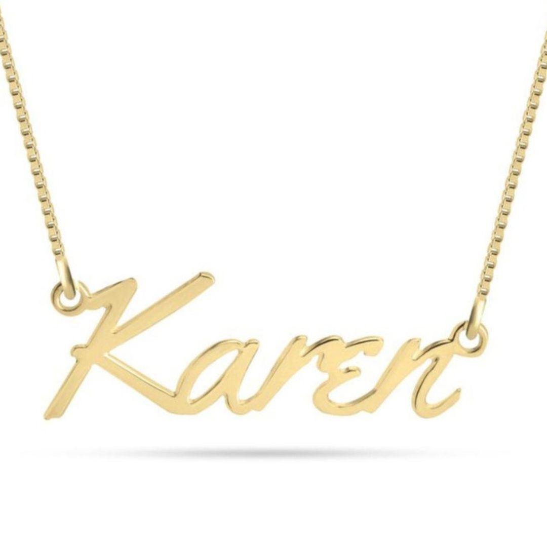Tokyo script nameplate necklace in 18k rose gold-plated sterling silver, showcasing the unique artistic font of the pendant.