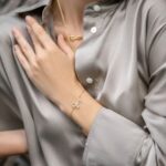 Radiant Diamond-Cut Bangle in 18k gold-plated sterling silver, worn on a woman's wrist and showcasing the light-catching textured surface.