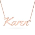Tokyo script nameplate necklace in 18k rose gold-plated sterling silver, showcasing the unique artistic font of the pendant.