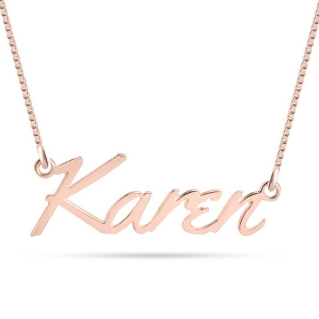 Tokyo script nameplate necklace in 18k rose gold-plated sterling silver, showcasing the unique artistic font of the pendant.