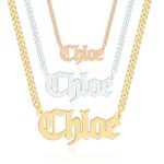 Gothic name necklace with the name 'Lilith' in Old English script, made from 18k rose gold-plated sterling silver on a curb chain.
