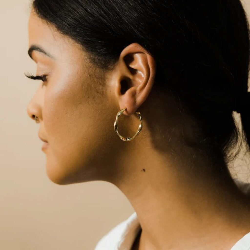 Gold Wave Hoop Earrings in Sterling Silver