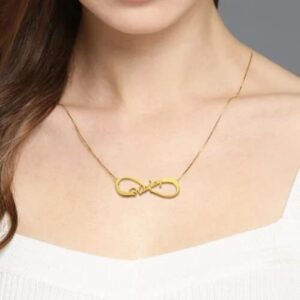 Personalized 'Emily' infinity name necklace in 18k gold-plated sterling silver, showing the name integrated into the timeless symbol.