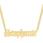 Gothic name necklace with the name 'Lilith' in Old English script, made from 18k rose gold-plated sterling silver on a curb chain.
