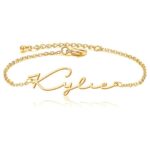 Dainty 'Sophia' name bracelet in 18k gold-plated sterling silver, worn on a woman's wrist.