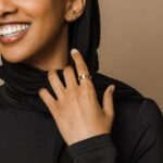 Ayatul Kursi ring in 18k gold-plated sterling silver, worn on a woman's finger to show the deeply engraved Arabic calligraphy of The Throne Verse.