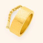 A woman's hand wearing the Cuban Link Chain Ring in 18k gold-plated sterling silver, showing the interlocking links wrapped around the finger.