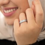 "With Hardship Comes Ease" engraved ring in 18k gold-plated sterling silver, worn on a finger to show the Arabic calligraphy band.
